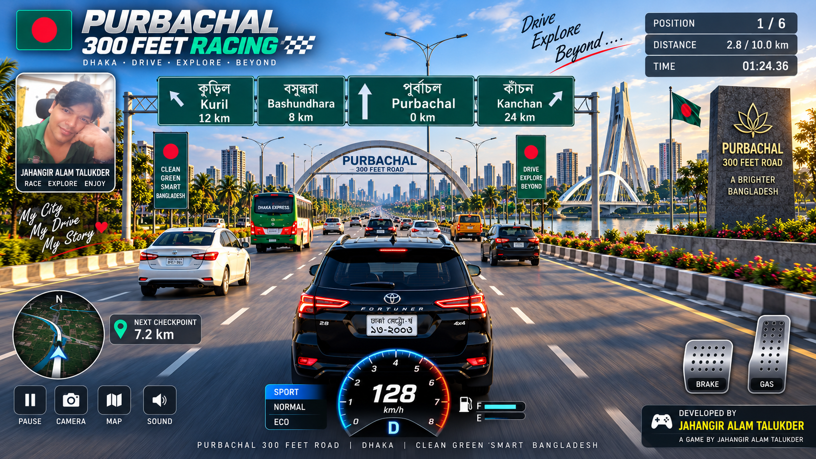 Original Purbachal Racing cinematic artwork showing Bangladeshi road signs, driver portrait, traffic and racing dashboard